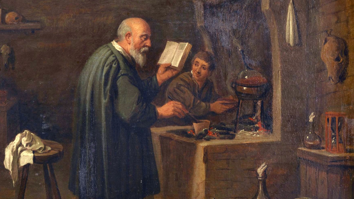 A bald alchemist at work with his apprentice